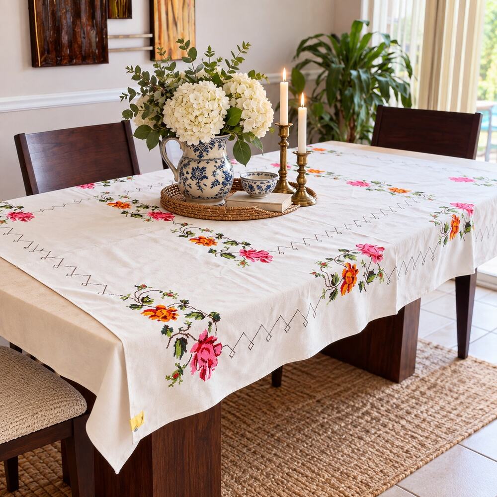 Floral Cross Stitch Embroidered Tablecloth 54x73 Pink Orange Roses
